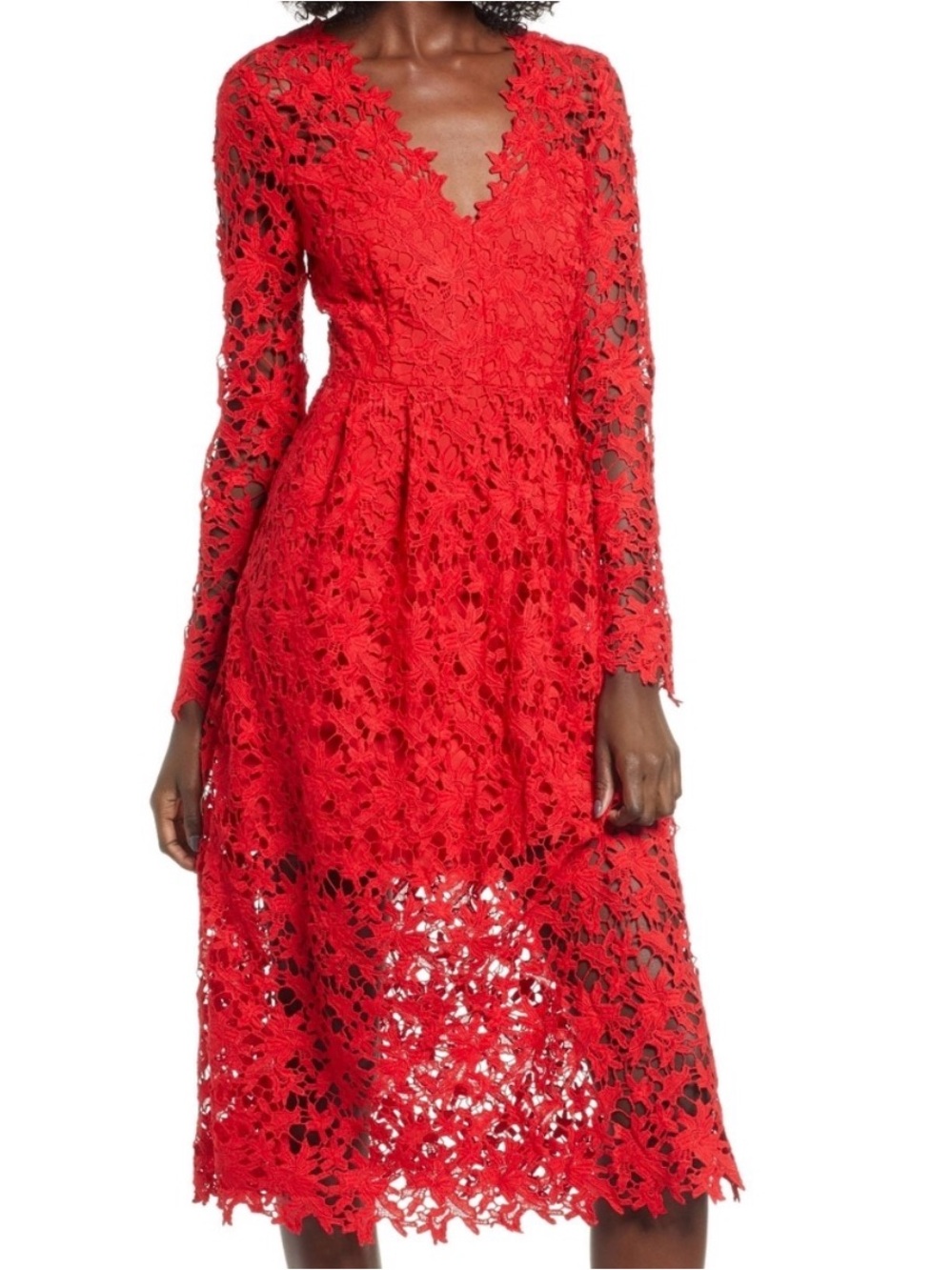 Astr the Label Red Floral Lace Long-Sleeve Midi Dress